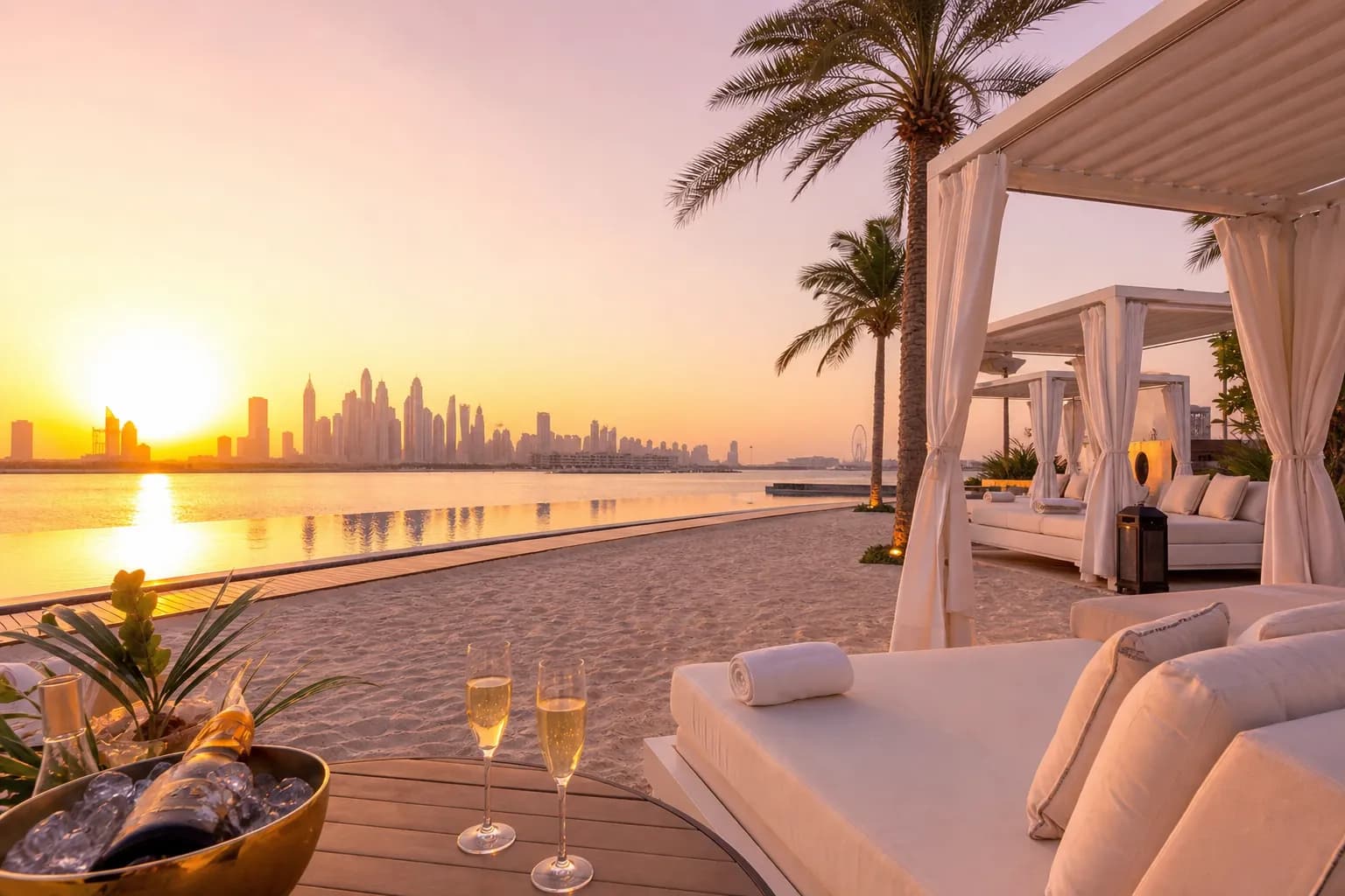 Private cabanas and champagne at Céleste Beach Club on Palm Jumeirah at sunset, Dubai