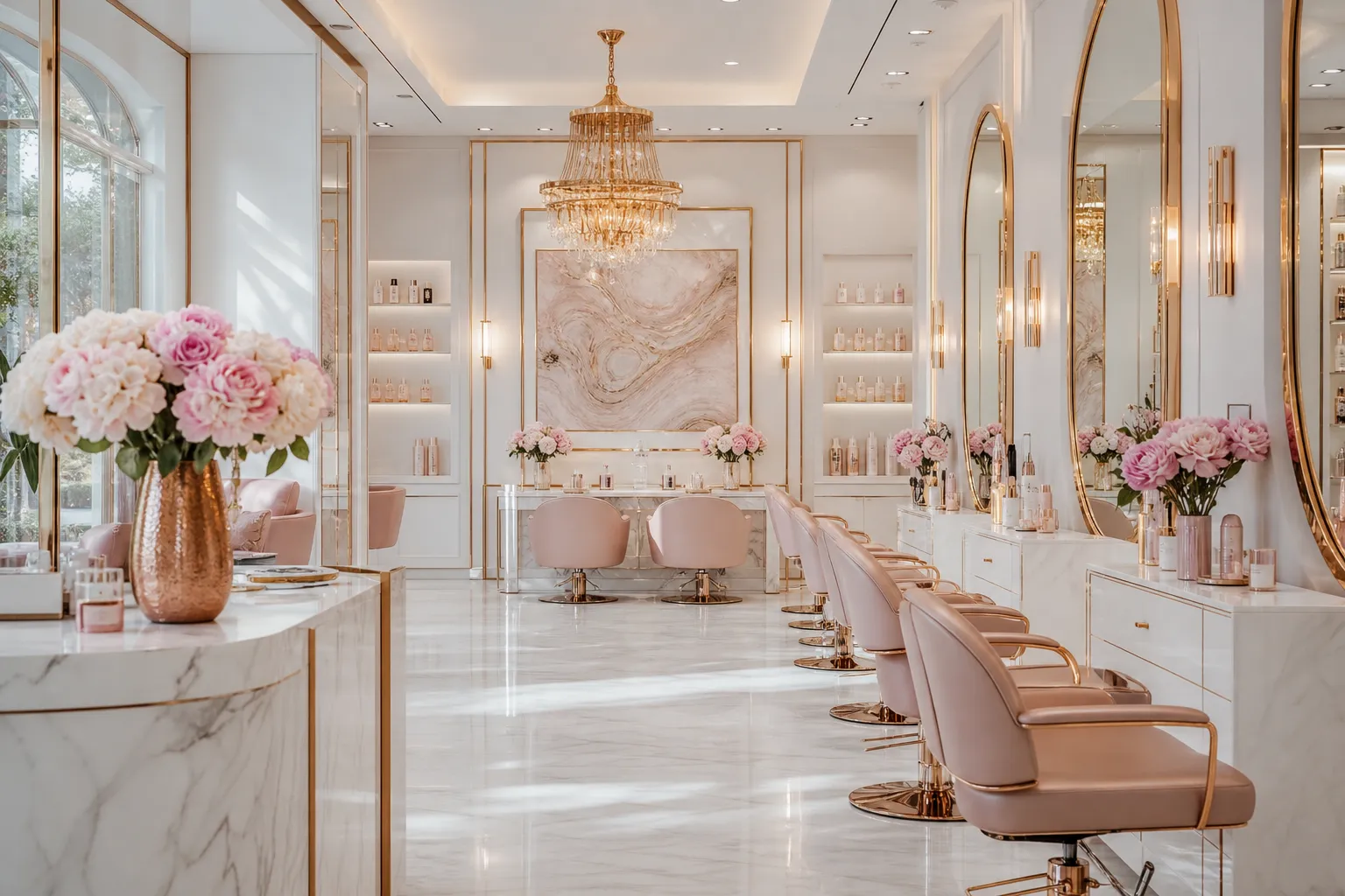 Rose gold and marble interior of Velvet Salon & Atelier beauty salon, Jumeirah Dubai