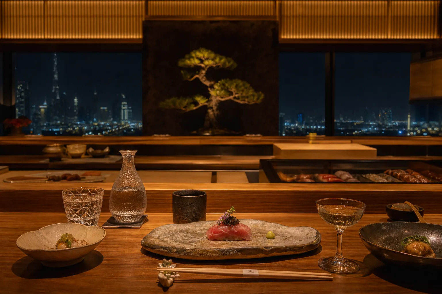 Chef's counter fine dining with Dubai skyline views at Maison Lumière, DIFC